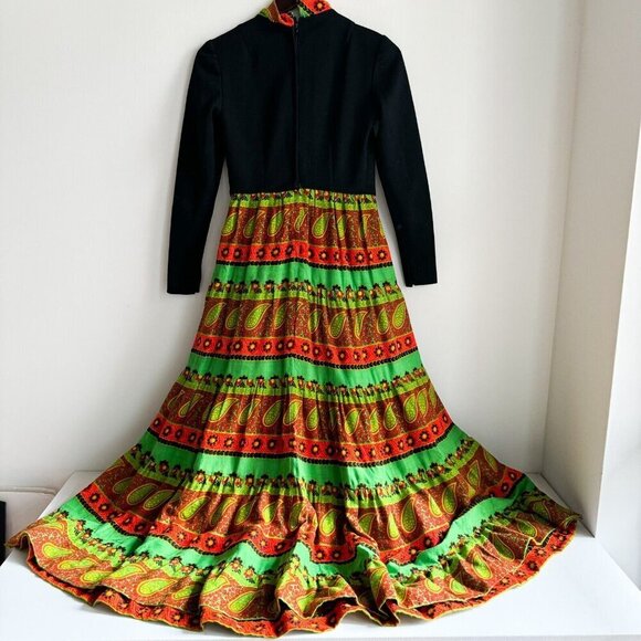 Vintage Neon Green Ornage Paisley Print Long  Sleeve Maxi Dress S - Picture 4 of 6